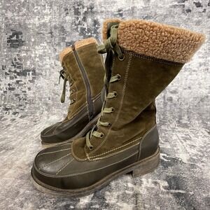 Muk Luks Lori Winter Boots Women's Size 39 Brownish Green Faux Fur Lace Up Zip